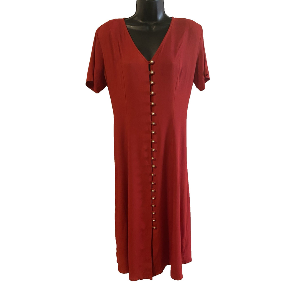 Vtg Just Choon Red Midi Dress Size M/L FauxPearl Buttons Church Office Secretary